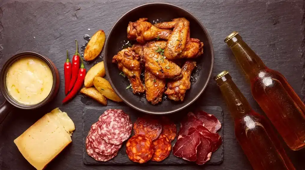 Charcuterie, fromage, poulet rôti et bières froides