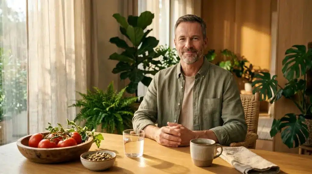 Homme souriant à table avec fruits et plantes vertes