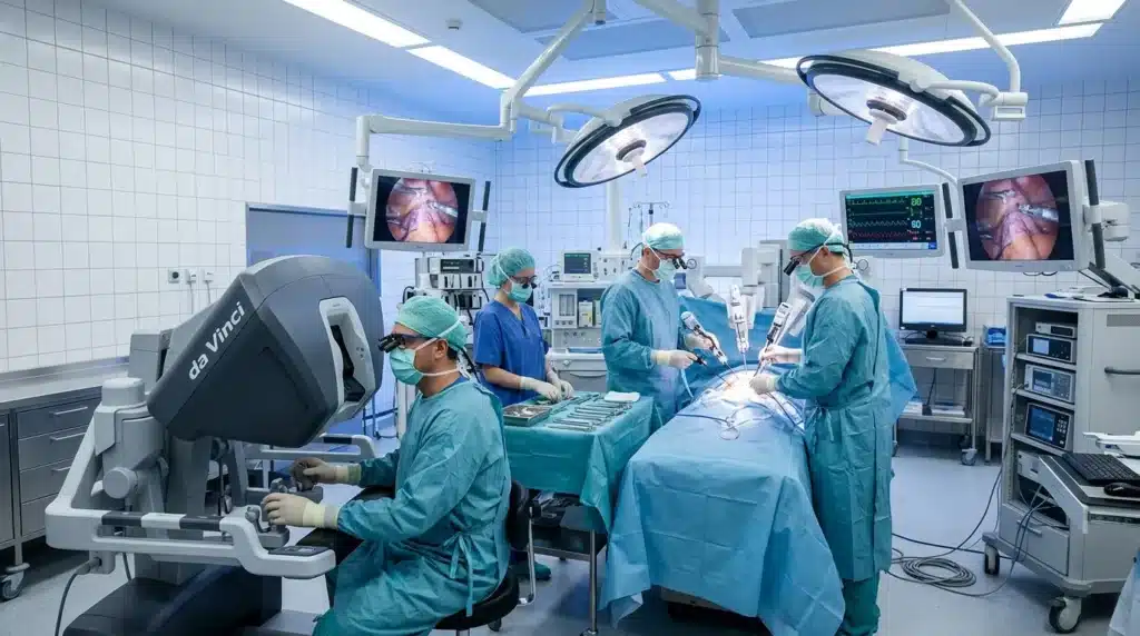 Chirurgiens effectuant une intervention avec robot médical