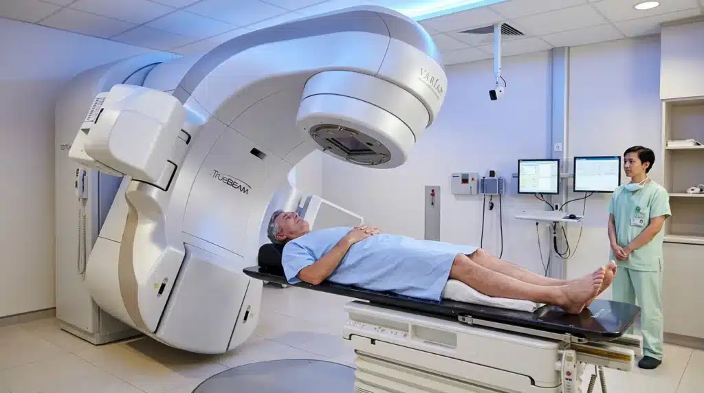 Patient sous appareil de radiothérapie TrueBeam avec technicien médical