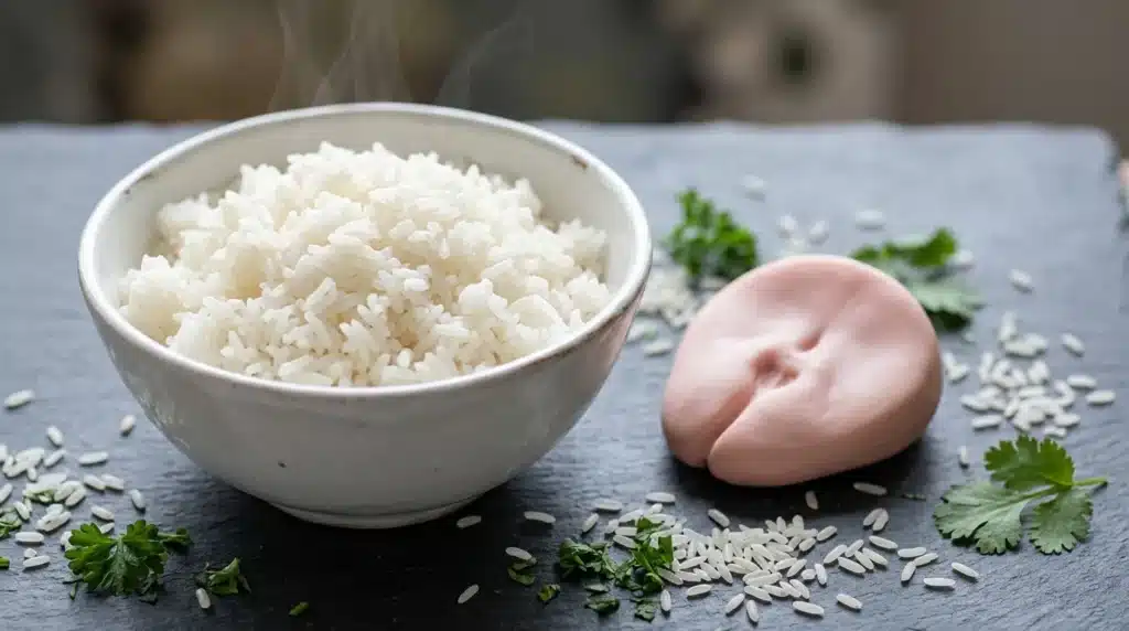 Bol de riz blanc fumant avec œuf rose et persil frais