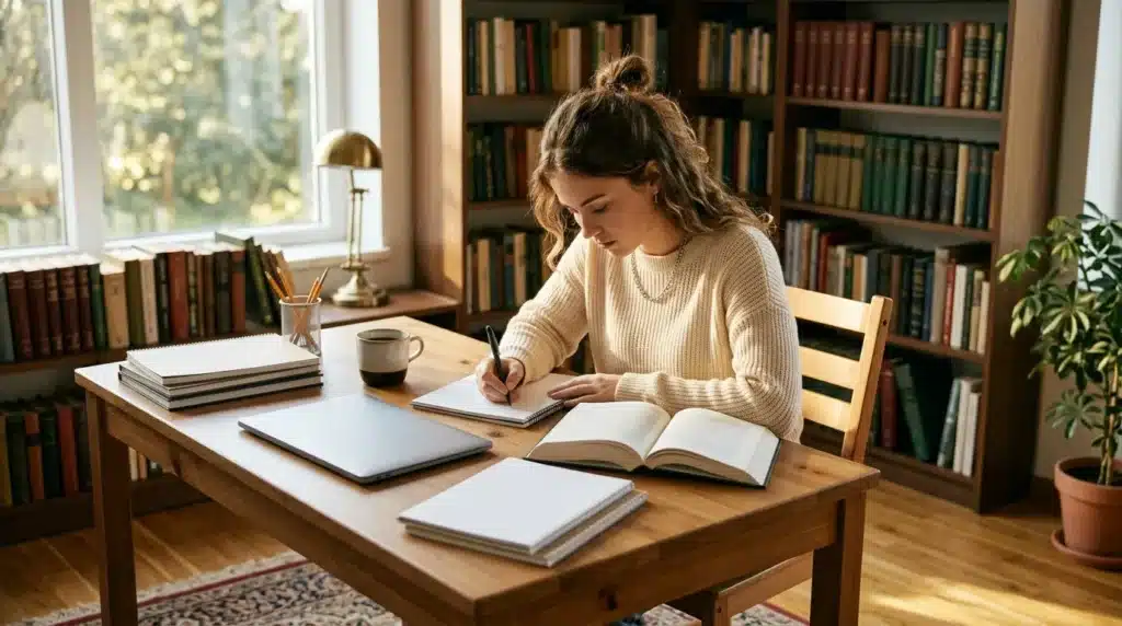 Femme écrivant à un bureau dans une bibliothèque calme